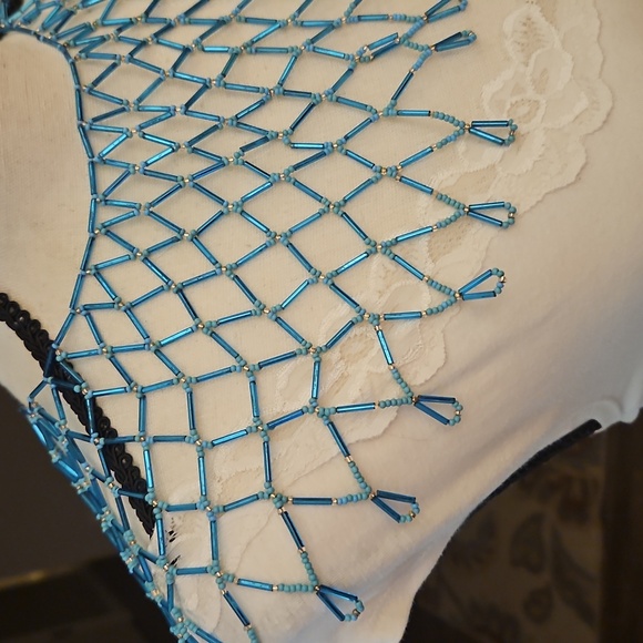 HANDMADE Turquoise Blue Beaded Net Lace Collar Necklace - Picture 4 of 11